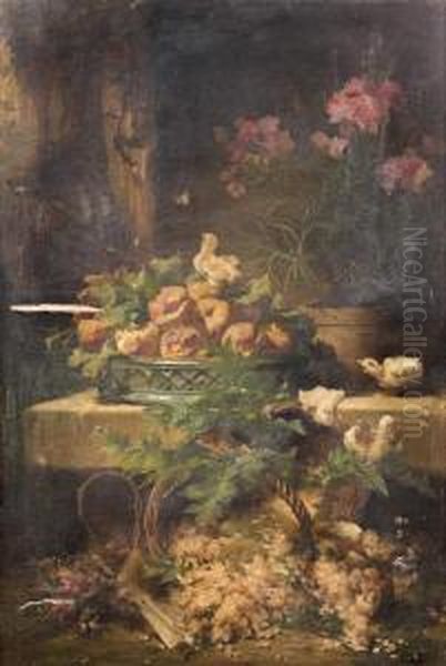 Nature Morte A La Corbeille De Fruits Et Paniers De Groseilles Jaunes, Animee De Poussin Oil Painting by Eugene Bidau