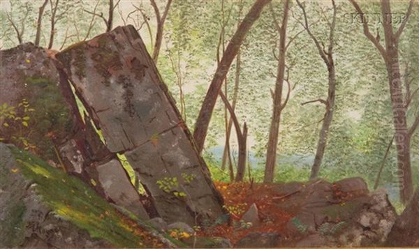 Rock Formations In A Quiet Wood (+ Moon Rise; 2 Works) Oil Painting by Nelson Augustus Moore