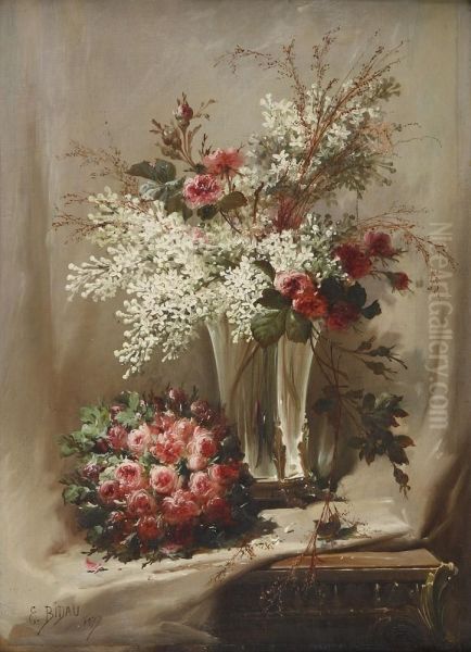 Bouquets De Fleurs Sur Un Entablement Oil Painting by Eugene Bidau