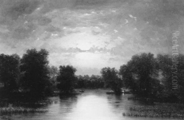 Moonlit River Landscape With Campfire Oil Painting by Nelson Augustus Moore