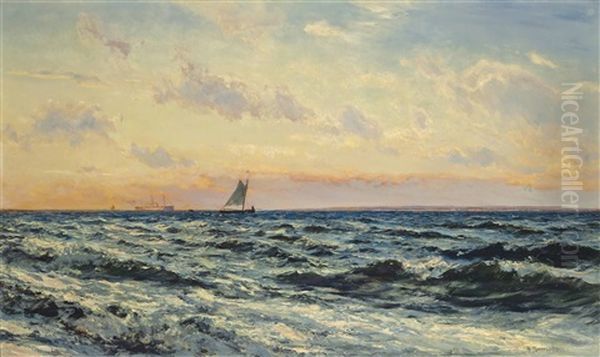 A Liner Entering The Solent At Sunset Oil Painting by Henry Moore