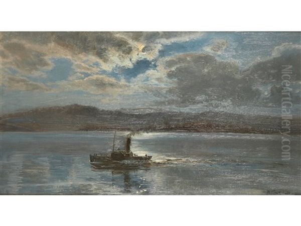 A Paddle Steamer Moving Along A River Under Moonlit Skies Oil Painting by Henry Moore