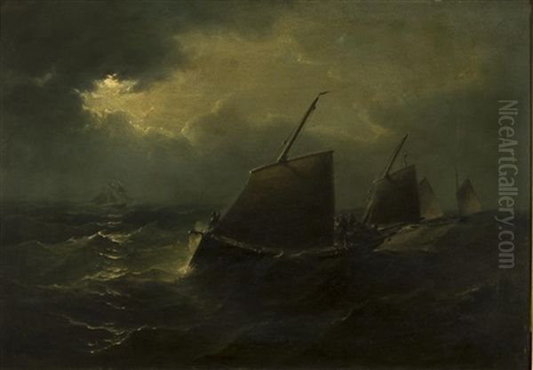 Fishing Vessels In A Choppy Sea Oil Painting by Henry Moore