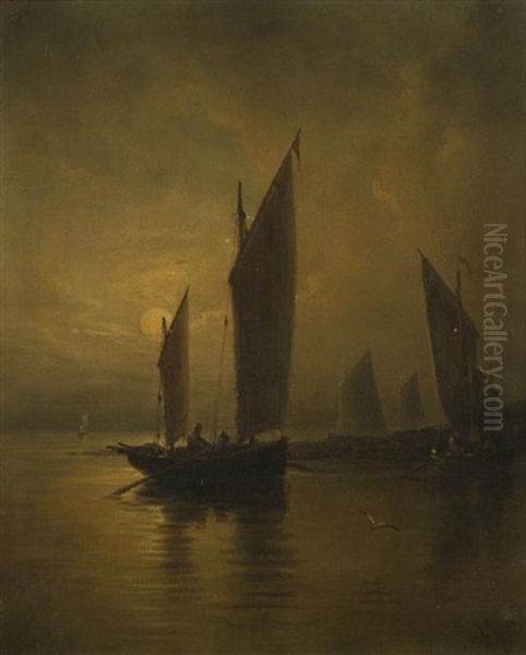 Fishing Vessels Off A Moonlit Coast by Henry Moore