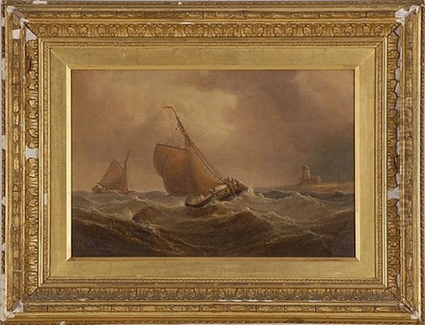 Two Vessels Battling Stormy Seas Off A Lighthouse Oil Painting by Henry Moore