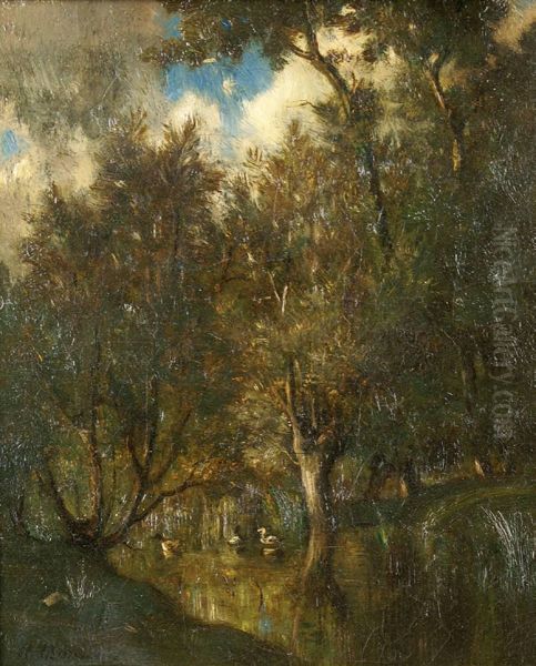 Canards Sur La Riviere En Sous-bois Oil Painting by Henri Bidault