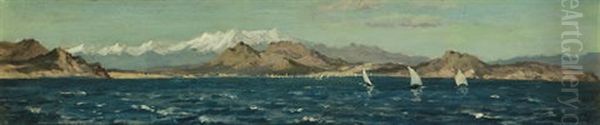 The Gulf Of Rosas With Cape Entrada On The Left And Cape Begin On The Right, The Pyrenees In The Distance Oil Painting by Henry Moore