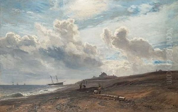 Salvaging Wreck Timbers On An Isolated Shore Oil Painting by Henry Moore