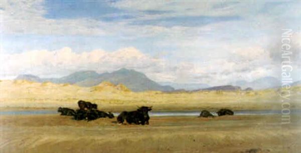 Coast Of North Wales, Cattle Basking On The Beach Oil Painting by Henry Moore