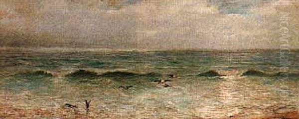 Seagulls Feeding In The Breakwater Oil Painting by Henry Moore