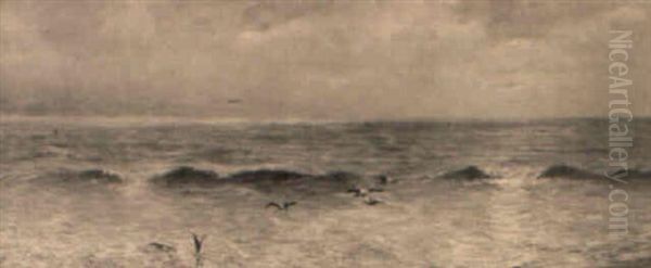 Seagulls Feeding In The Breakwater Oil Painting by Henry Moore