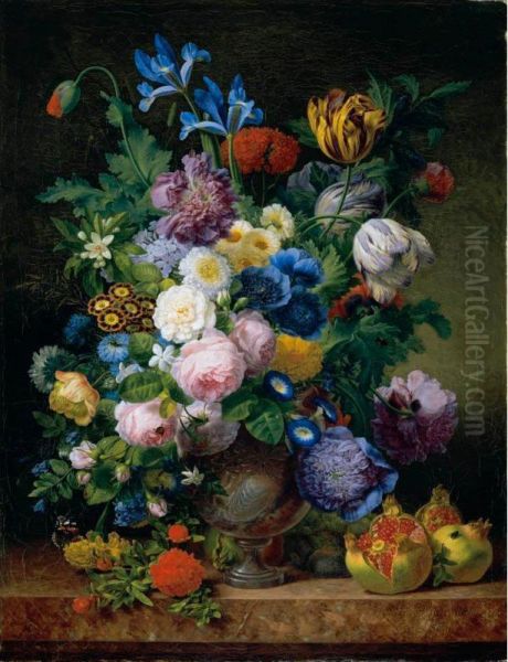 Still Life With Tulips, Carnations, Roses, Irises, Narcissi And Various Other Flowers In A Silver Vase Together With Figs, Grapes And Pomegranates On A Marble Ledge Oil Painting by Jean-Joseph-Xavier Bidauld