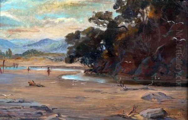 Figures In An Antipodean River Landscape Oil Painting by Horace Millichamp Moore-Jones