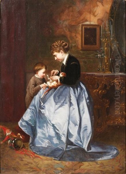 Mere Et Son Enfant Jouant Avec Un Chaton Oil Painting by Frans Moormans