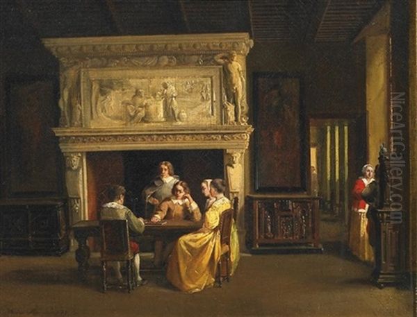 Genreszene. Vergnugte Gesellschaft Im Salon, Einem Brettspiele Frohnend Oil Painting by Frans Moormans