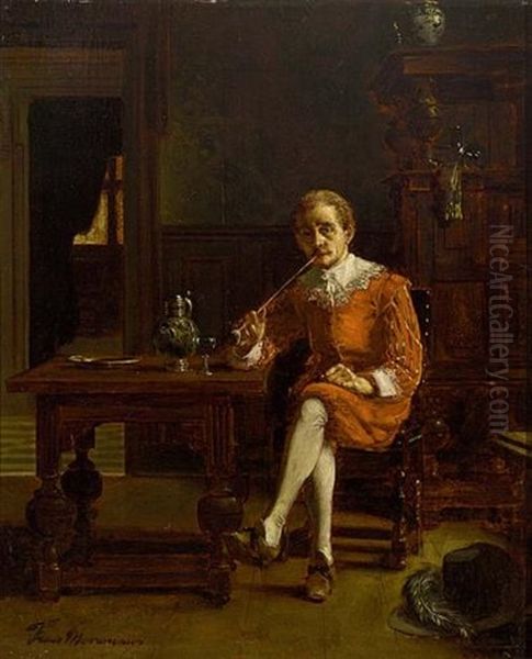 An Elegant Man Drinking And Smoking In An Interior Oil Painting by Frans Moormans