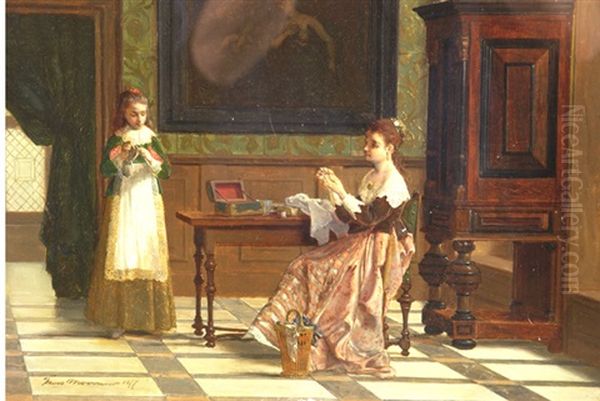 The Sewing Lesson In Dutch Interior Oil Painting by Frans Moormans