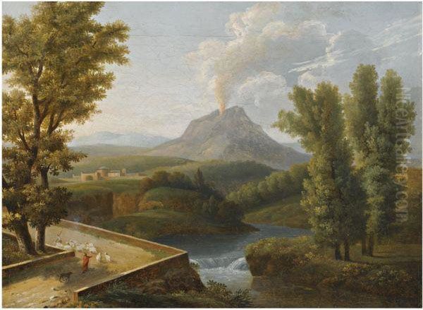 A Landscape With Figures Herding Their Sheep Along The Path With
Mount Vesuvius Erupting In The Background Oil Painting by Jean-Joseph-Xavier Bidauld