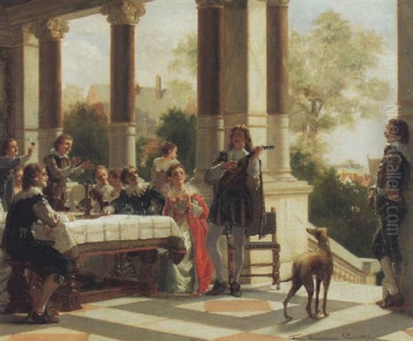 Troubadour Spielt Vor Einer In Der Loggia Tafelnden Gesellschaft Oil Painting by Frans Moormans