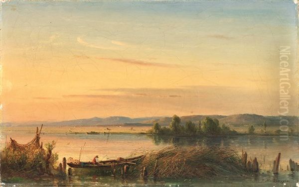 Prachtvolle Morgendliche Bodenseelandschaft Am Untersee Mit Fischerboot Und Aufgehangten Netzen Oil Painting by Josef Moosbrugger