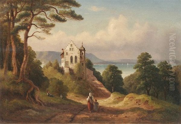 Bodenseelandschaft Mit Wandernder Frau Und Kind In Der Nahe Eines Hohen Gebaudes Mit Turmchen Und Abgetrepptem Giebel Oil Painting by Josef Moosbrugger