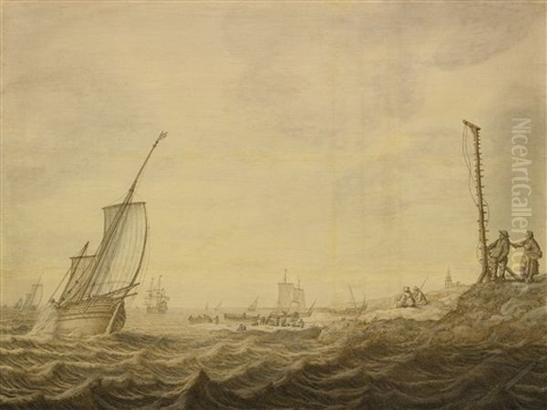 Shipping In A Choppy Sea Near A Beach Oil Painting by Cornelis Pietersz De Mooy