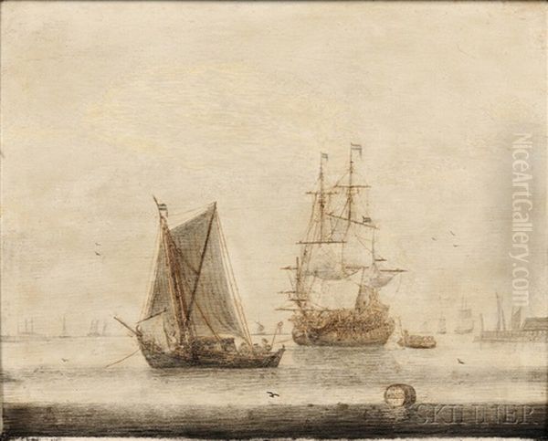 Vessels In A Quiet Harbor Oil Painting by Cornelis Pietersz De Mooy