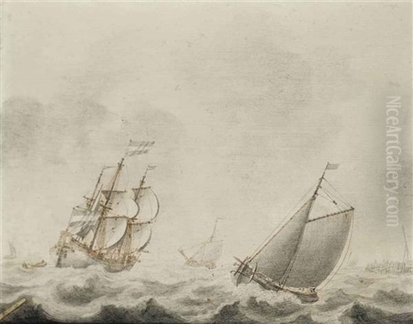 A Schiff And A Three-master Sailing Close To Shore In Choppy Waters Oil Painting by Cornelis Pietersz De Mooy