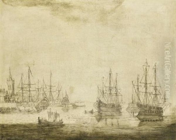 Shipping By A Harbour Oil Painting by Cornelis Pietersz De Mooy