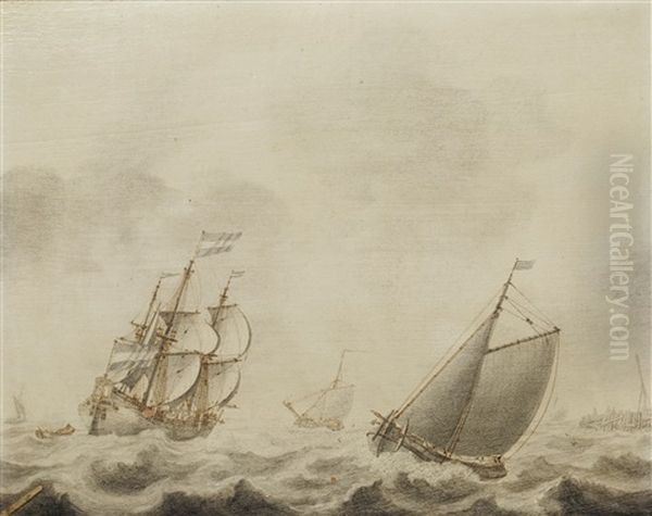 Vessels In A Harbour Entrance Oil Painting by Cornelis Pietersz De Mooy