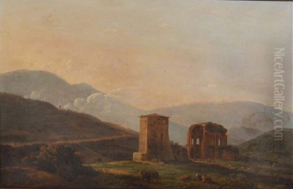 Landscape With Ruins And Cattle Oil Painting by Jean Joseph Xavier Bidault