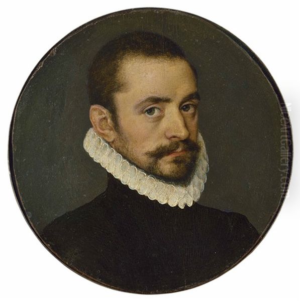 Portrait Of A Gentleman, Bust-length, In A Black Doublet And White Ruff Oil Painting by Antonis Mor Van Dashorst