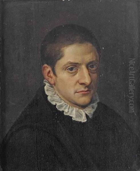 Portrait Of A Gentleman, Bust-length, In A Black Robe And White Collar Oil Painting by Antonis Mor Van Dashorst