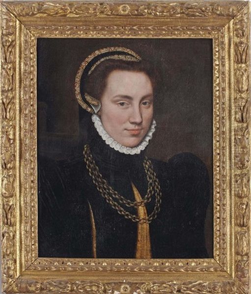 A Portrait Of Margaretha Of Parma (1522-1586), Bust-length, In A Black Brocade Dress With An Organza Ruff And An Elaborately Decorated Headdress by Antonis Mor Van Dashorst