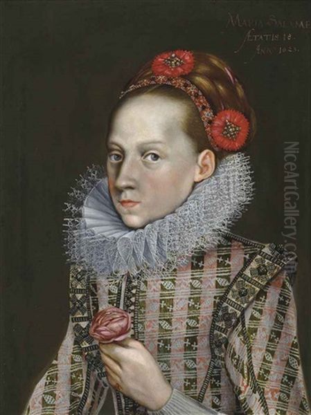 Portrait Of A Girl, Half-length, In A Richly Embroidered Red Dress And A Ruff, With A Decorated Headband, Holding A Rose Oil Painting by Antonis Mor Van Dashorst