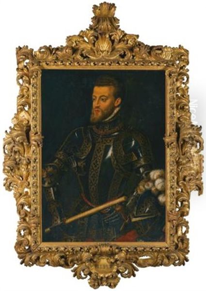 Portrait Of Philip Ii Of Spain (1527-1598), Wearing Armour Oil Painting by Antonis Mor Van Dashorst