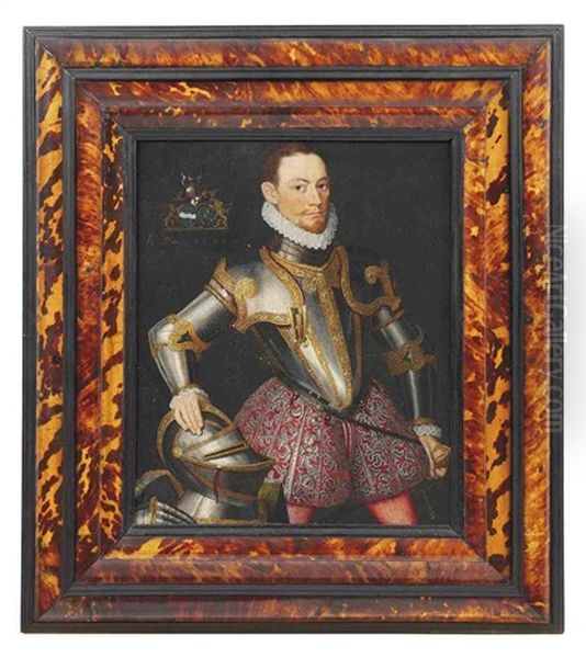 Portrait Of A Gentleman In Armour, His Right Hand Resting On A Helmet Oil Painting by Antonis Mor Van Dashorst