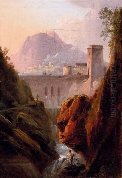 A Capriccio With Figures By A Waterfall, A Dam Beyond Oil Painting by Jean Joseph Xavier Bidault