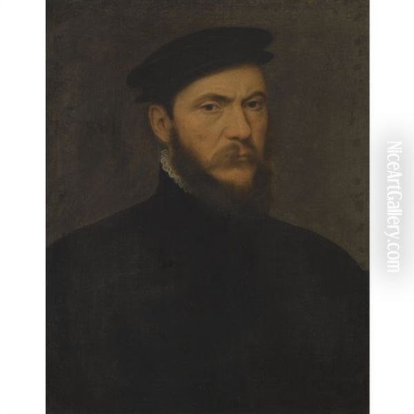 Portrait Of A Bearded Gentleman, Half Length, Wearing A Black Shirt And Black Hat Oil Painting by Antonis Mor Van Dashorst