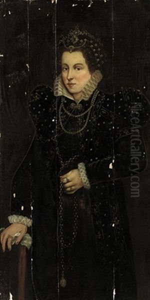 Portrait Of A Lady In A Black Embroidered And Bejeweled Dress And Headdress Oil Painting by Antonis Mor Van Dashorst