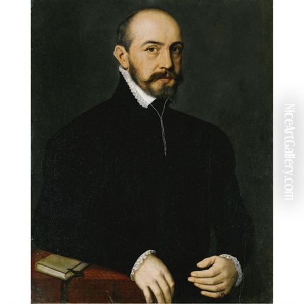 Portrait Of A Gentleman, Half-length, Wearing A Black Suit Oil Painting by Antonis Mor Van Dashorst