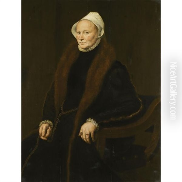 Portrait Of A Lady, Said To Be Anne, Fifth Daughter Of Sir John Spencer Of Althorp, Three Quarter Length Wearing A Black Dress With A Fur Collar And A White Ruff And Cap Oil Painting by Antonis Mor Van Dashorst