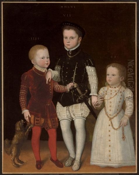 Portrait Of Three Noble Children With Dog Oil Painting by Antonis Mor Van Dashorst