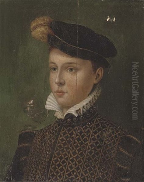 Portrait Of A Boy In A Black Plumed Cap And A Gold Embroidered Black Doublet Oil Painting by Antonis Mor Van Dashorst