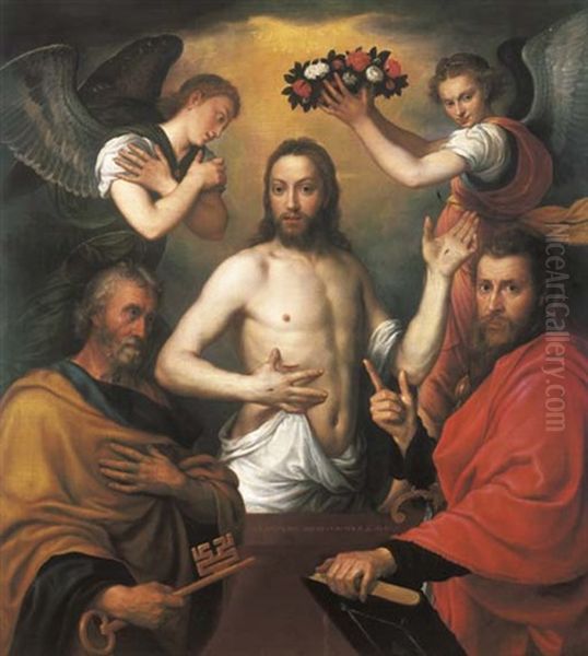 The Risen Christ With Saints Peter And Paul Oil Painting by Antonis Mor Van Dashorst