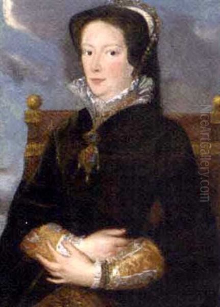 Portrait Of Queen Mary I In A Green Velvet Dress, With Jewels And A Lace Collar Oil Painting by Antonis Mor Van Dashorst