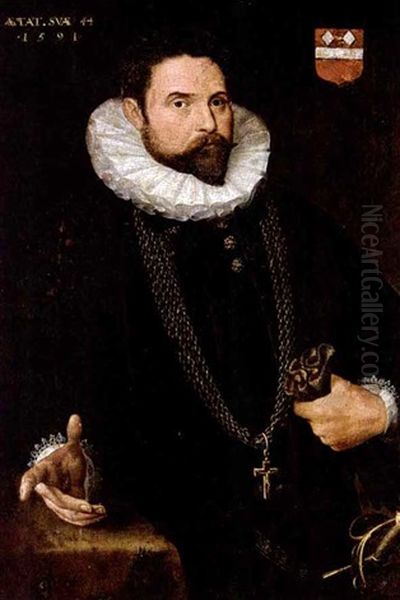 A Portrait Of A Nobleman At The Age Of 44, Wearing A Black Suit With White Lace Collar, A Golden Chain With Crucifix, A Sword, And Holding Gloves In His Left Hand, Standing Next To A Table Oil Painting by Antonis Mor Van Dashorst