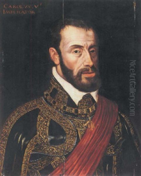 Portrait Of Emperor Charles V Wearing Ceremonial Armour Oil Painting by Antonis Mor Van Dashorst