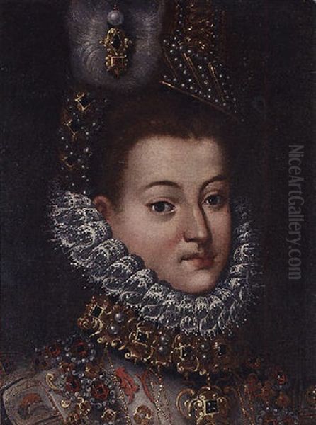 Portrait Of A Lady In An Elaborate Jewelled Costume And Headress Oil Painting by Antonis Mor Van Dashorst