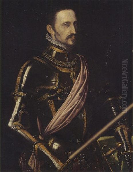 Portrait Of Don Fernandez Alvarez De Toledo, 3rd Duque De Alba In Armour With The Collar Of The Order Of The Golden Fleece Oil Painting by Antonis Mor Van Dashorst